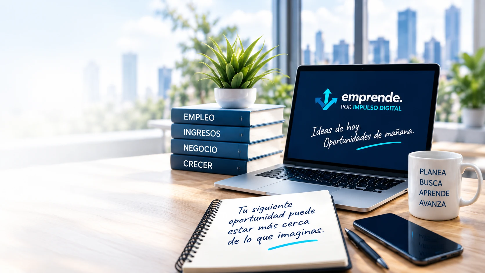 Un escritorio con libros de empleo, ingresos, negocio y crecimiento, y un portátil de Emprende
