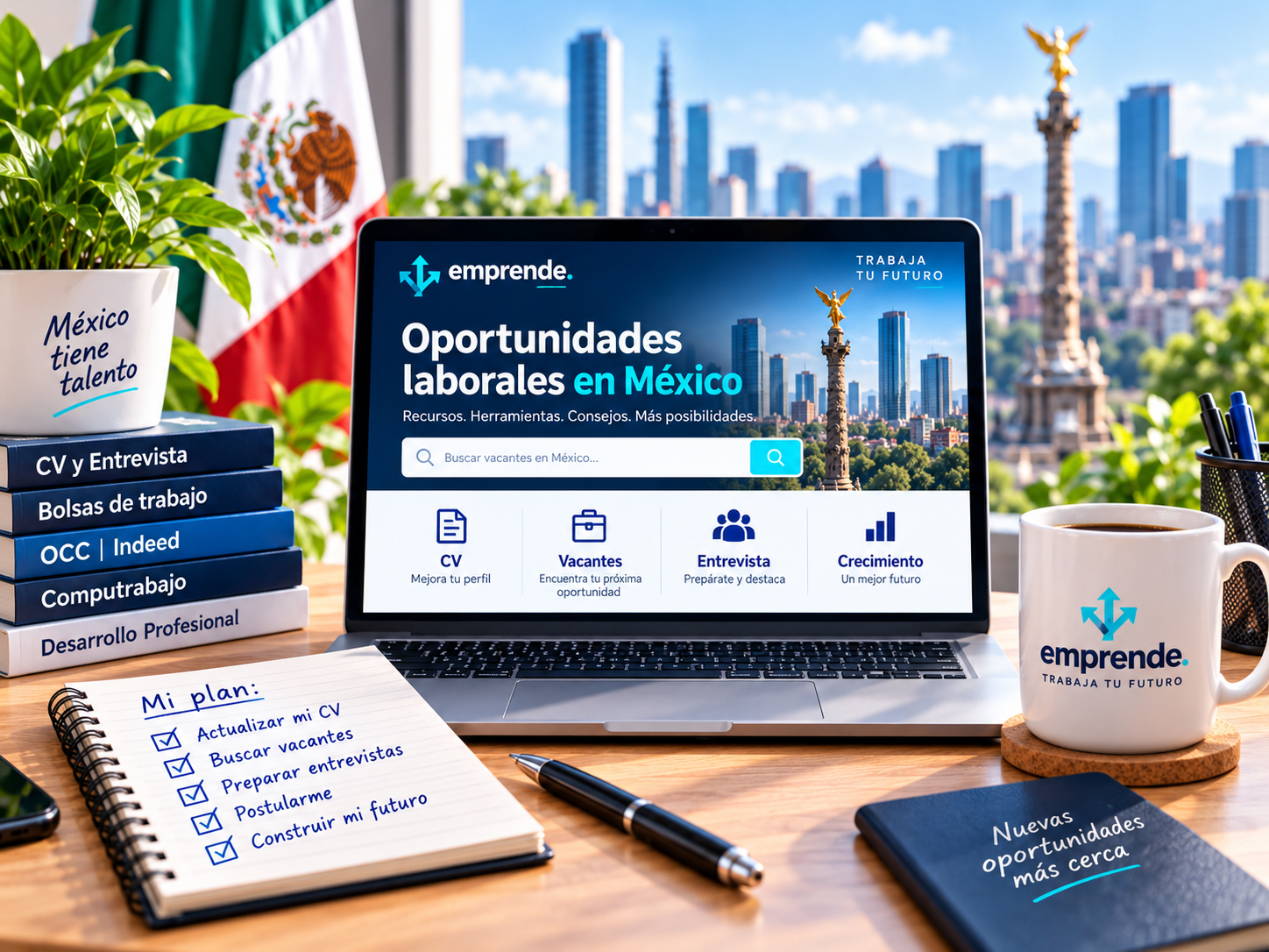 Editorial job-search scene for Mexico with openings, resumes, interviews, and job boards
